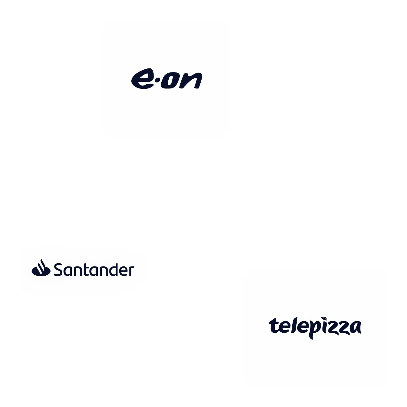 Client logos floating over the photo: E.ON, Santander and Telepizza