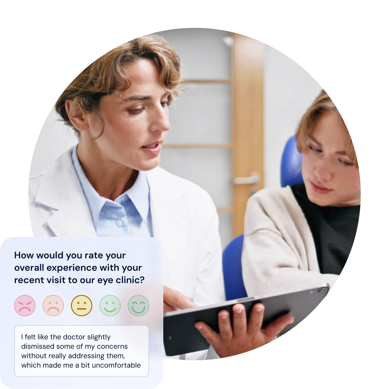 A doctor showing a tablet to a patient in an examination chair, beside a survey asking how she would rate her recent visit to the eye clinic, with five face ratings and a comment that the doctor slightly dismissed some of her concerns without really addressing them