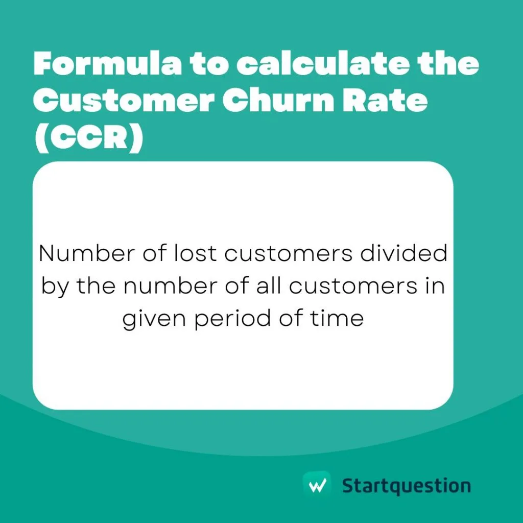 A card giving the formula for the customer churn rate: customers lost divided by all customers in a given period.