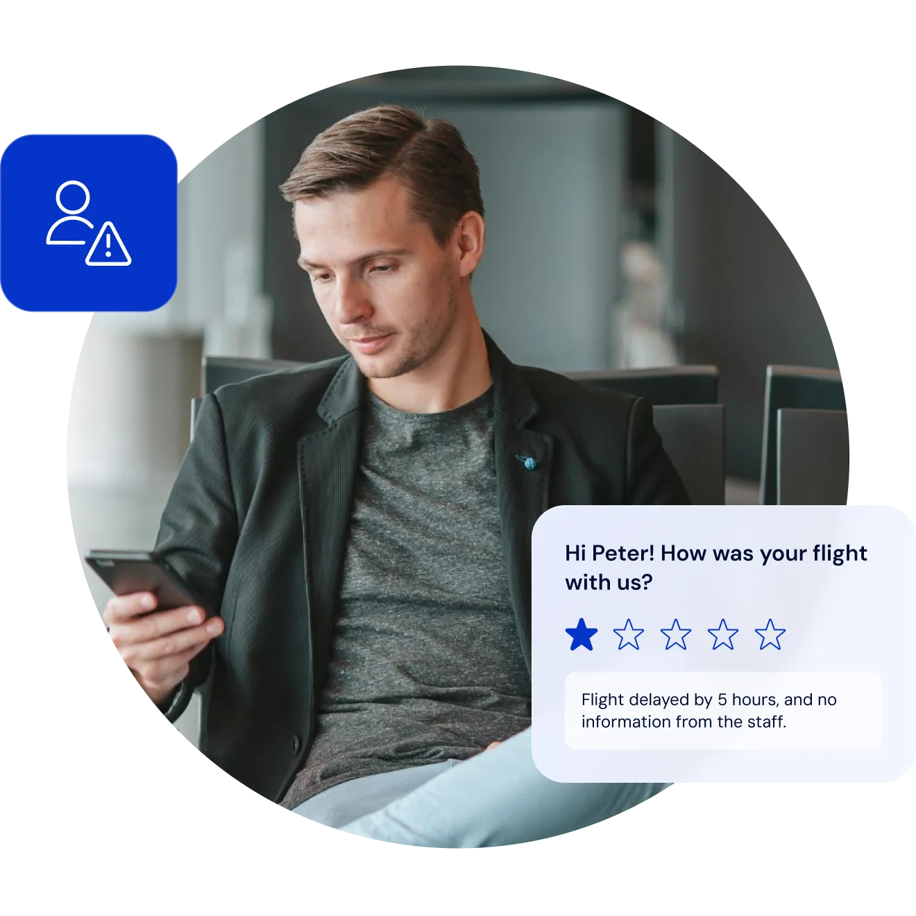 A seated traveller reading a one-star survey reply about a five-hour flight delay