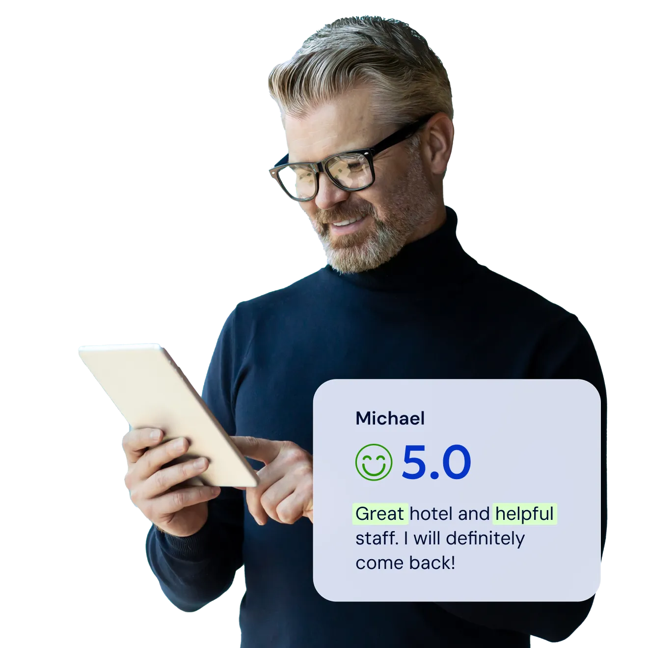 A man in glasses reading a tablet beside a review card: Michael, rated 5.0, praising a hotel and its helpful staff.