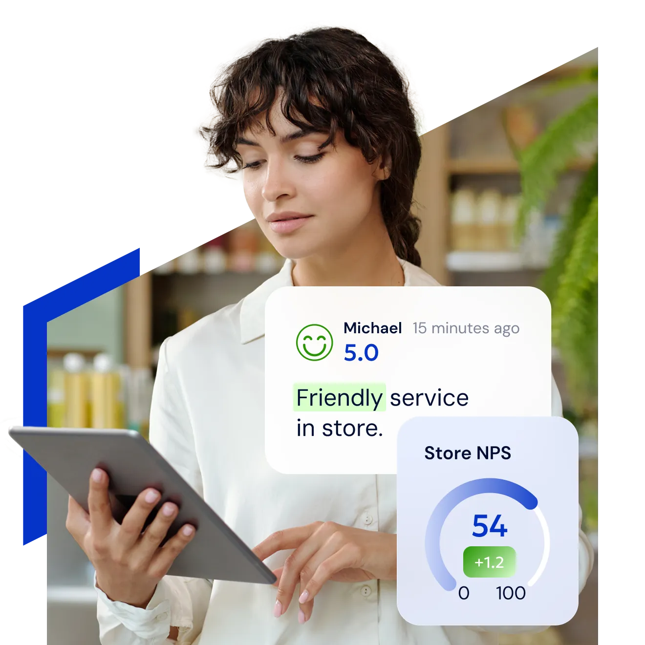 A shop-floor employee holding a tablet, beside a five-star review reading “Friendly service in store.” and a Store NPS dial at 54