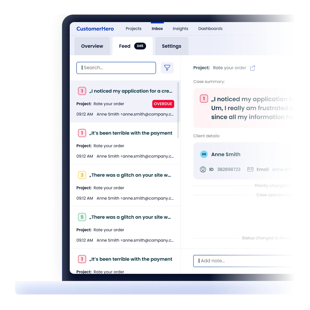 The CustomerHero app open on the Inbox feed, with 345 waiting items. The list shows customer messages about a credit application, a payment problem and a glitch on the site, each with a score badge and one marked overdue. The panel beside it holds the case summary, the client details for Anne Smith with her ID and email, the case history and a box to add a note.