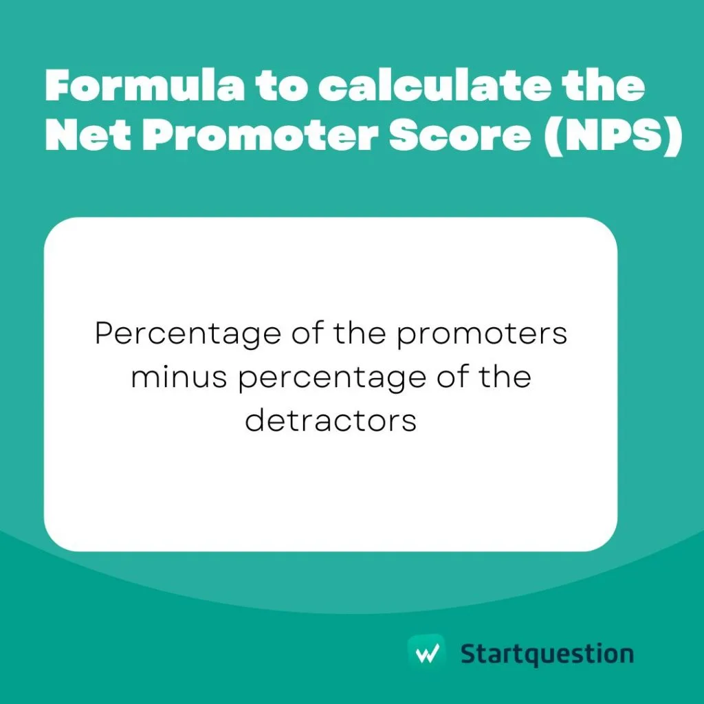 A card giving the formula for the Net Promoter Score: the percentage of promoters minus the percentage of detractors.