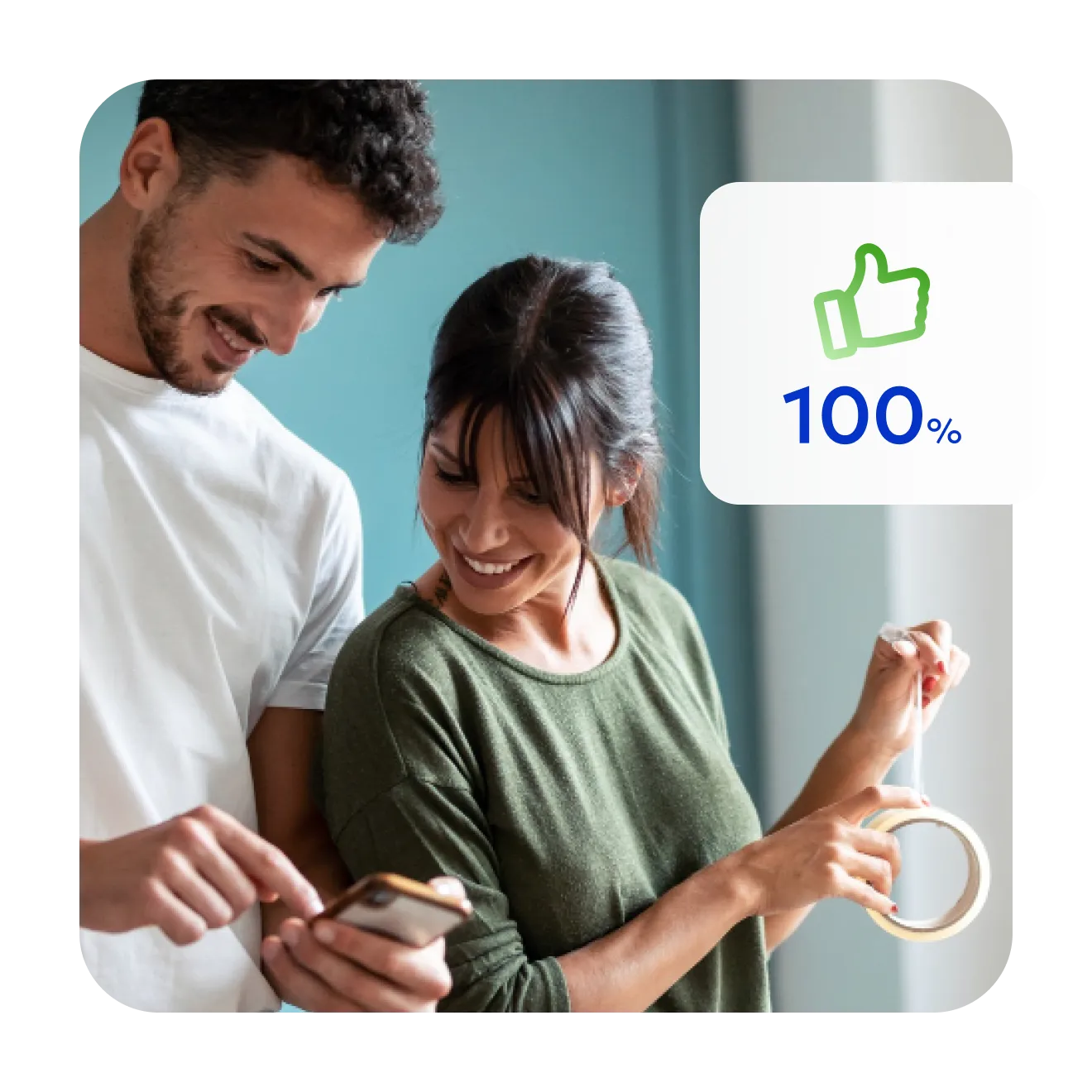 Two colleagues looking at a phone together, beside a 100% approval score.