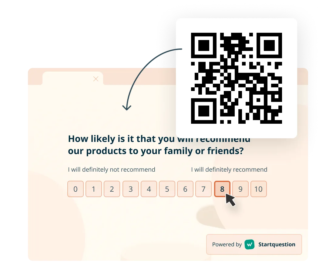 Kod QR nad kartą ankiety z pytaniem „How likely is it that you will recommend our products to your family or friends?” i skalą od 0 do 10 z kursorem na ósemce.