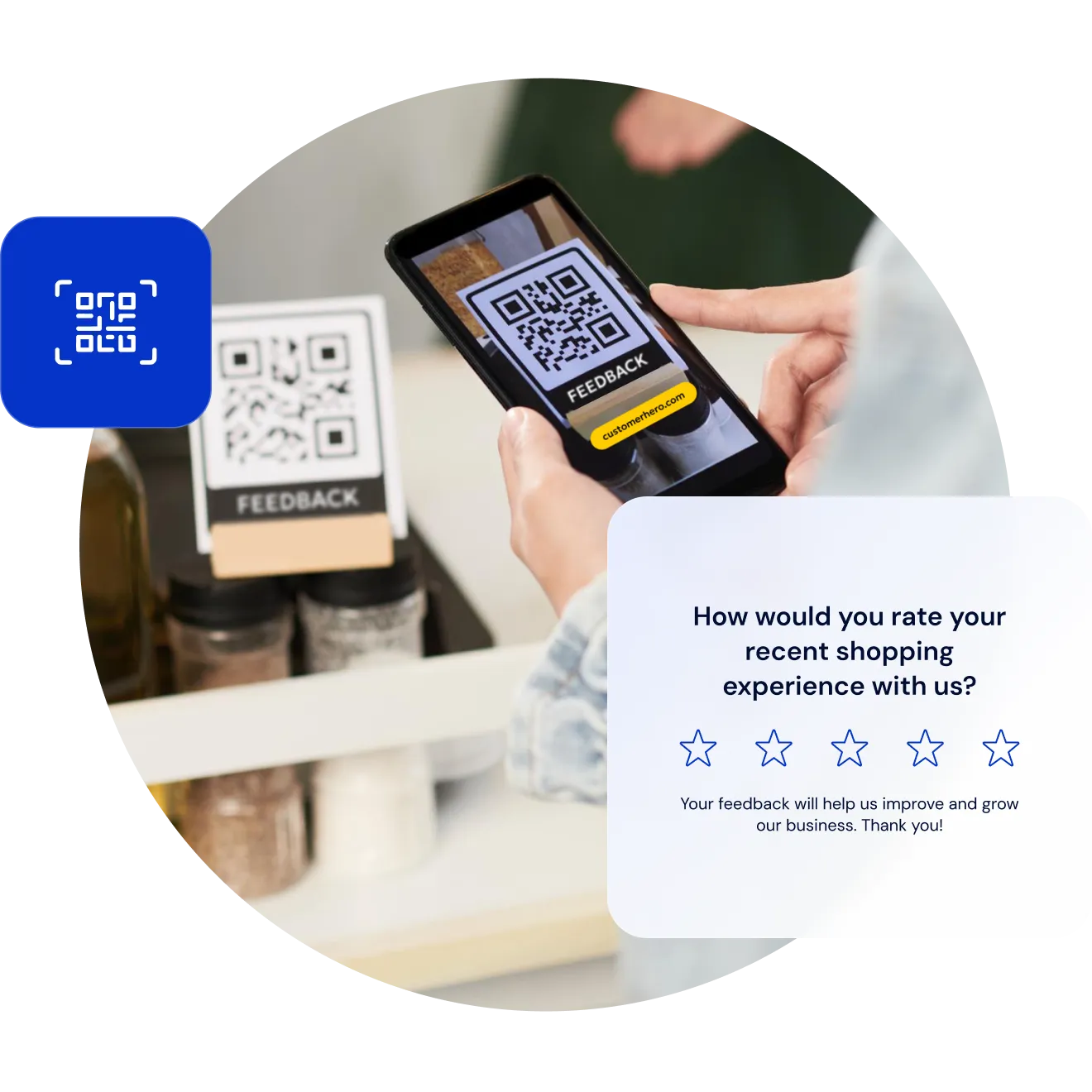 A customer scanning a FEEDBACK QR code at a shop counter, beside a survey asking how they would rate their recent shopping experience