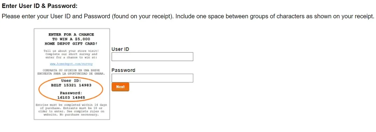 A receipt survey sign-in asking for the user ID and password printed on the till receipt, beside a sample receipt with those two codes circled.