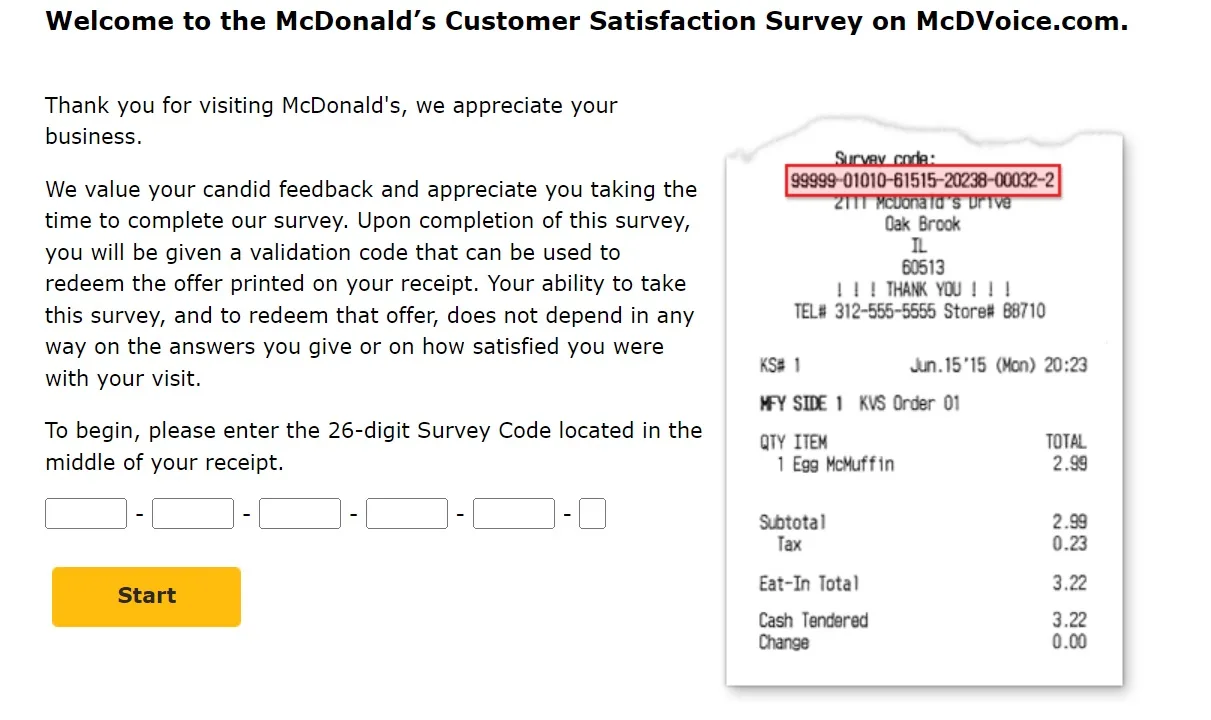 A receipt-code survey landing page asking the visitor to type the survey code printed on their till receipt, with an example receipt beside it showing where the code sits.