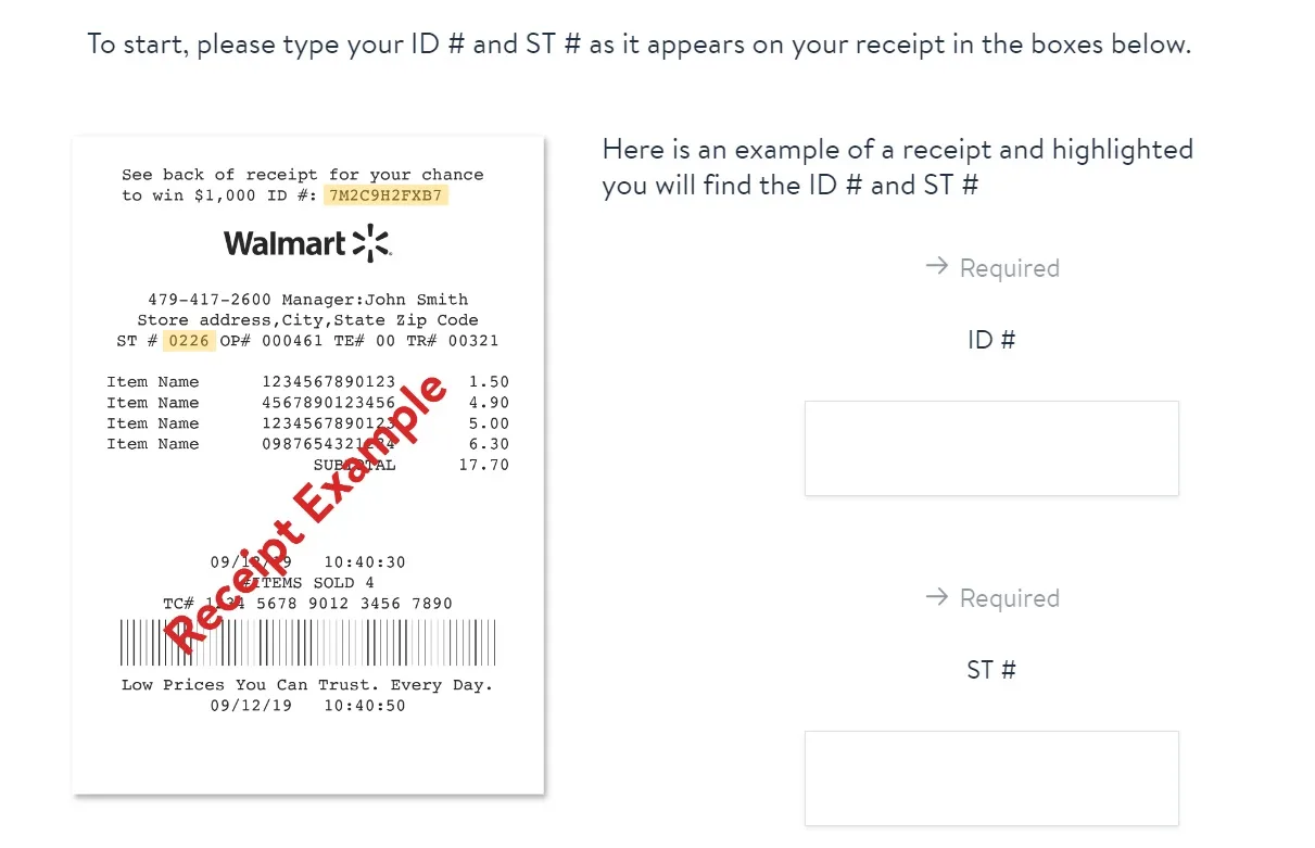 A receipt survey start screen asking for two reference numbers from the till receipt, beside a sample receipt with both highlighted.