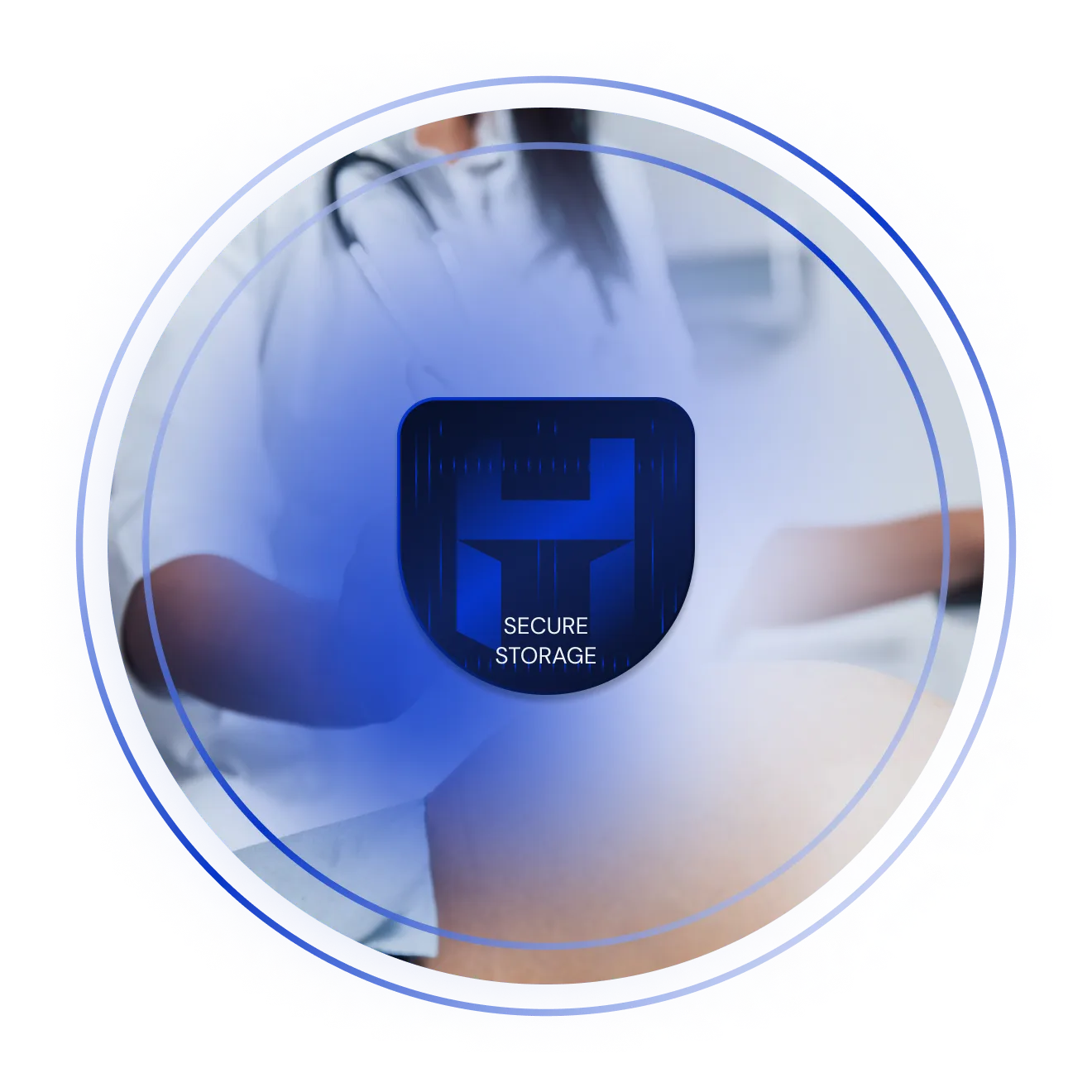 A glowing blue shield bearing the CustomerHero mark and the words SECURE STORAGE, over a blurred clinician at work