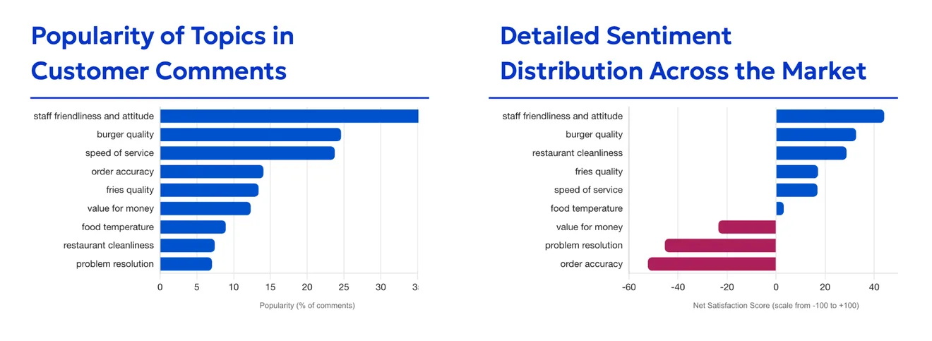 Two bar charts side by side: how often each topic appears in customer comments, and the net satisfaction score for each topic across the market.